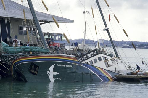 The bombed Rainbow Warrior in Auckland Harbour